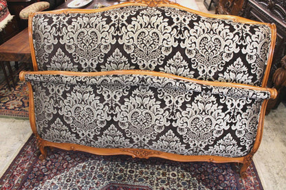 Antique French Louis XV Walnut Upholstered Bed, Full Size, Silver & Black Damask, Newly Upholstered