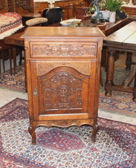 French Antique Louis XV Tiger Oak Jam Cabinet, Carved Oak Side Cabinet, Rustic Storage