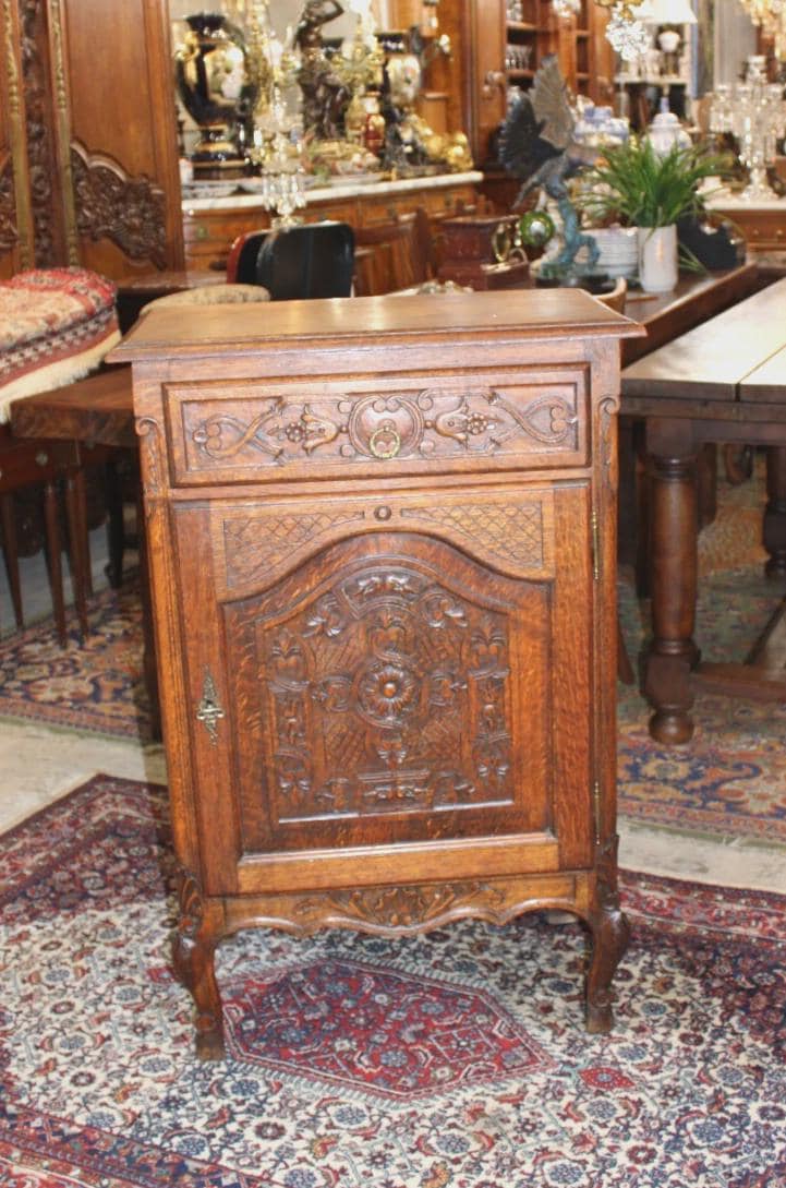 French Antique Louis XV Tiger Oak Jam Cabinet, Carved Oak Side Cabinet, Rustic Storage