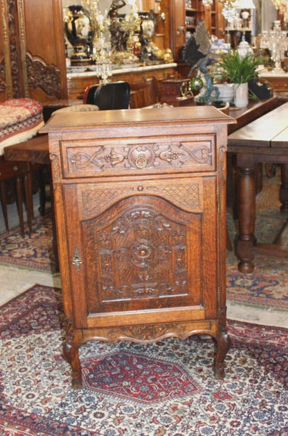 French Antique Louis XV Tiger Oak Jam Cabinet, Carved Oak Side Cabinet, Rustic Storage