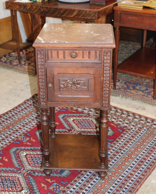 French Louis XVI Antique Oak Nightstand, Small Bedside Cabinet with Drawer