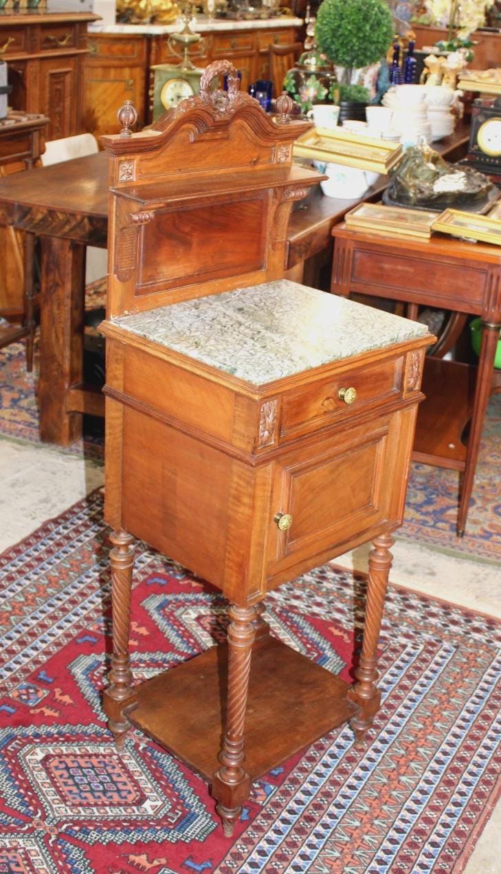 French Louis XVI Antique Walnut Nightstand, Marble Top Bedside Cabinet with Crown