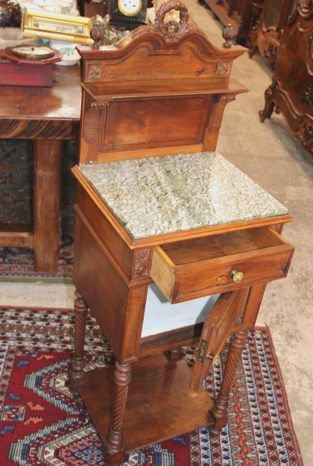 French Louis XVI Antique Walnut Nightstand, Marble Top Bedside Cabinet with Crown
