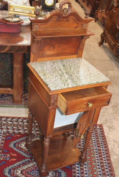 French Louis XVI Antique Walnut Nightstand, Marble Top Bedside Cabinet with Crown