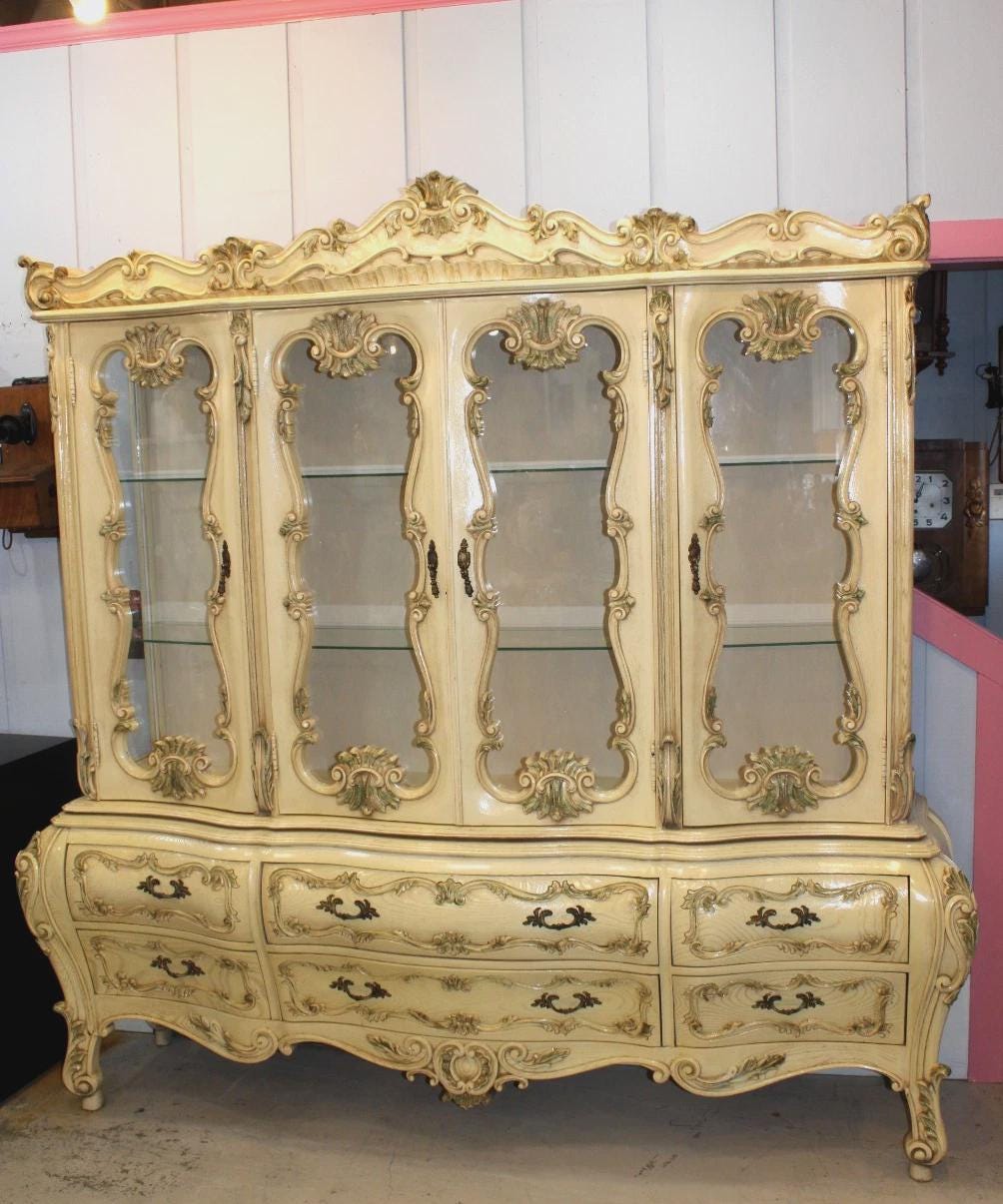 Italian Antique Painted Bombay China Cabinet, Ornate Buffet Display Hutch