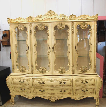 Italian Antique Painted Bombay China Cabinet, Ornate Buffet Display Hutch