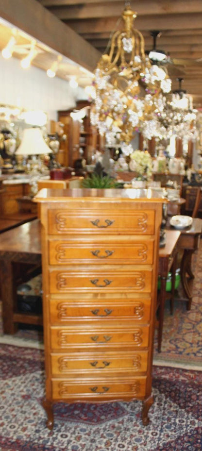 French Antique Louis XV Maple Tall Chest, 7 Drawer Lingerie Chest