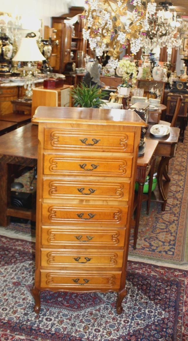 French Antique Louis XV Maple Tall Chest, 7 Drawer Lingerie Chest
