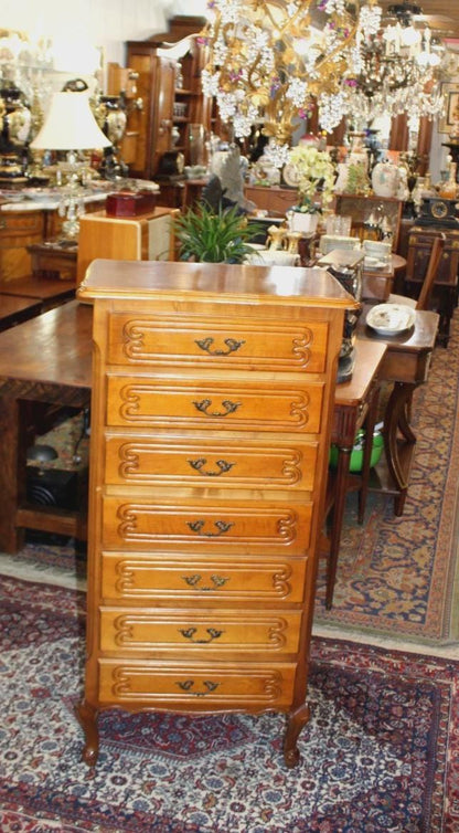 French Antique Louis XV Maple Tall Chest, 7 Drawer Lingerie Chest