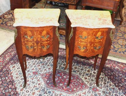 Pair French Antique Inlaid Rosewood Nightstands, Marble Top, Bronze Mounts