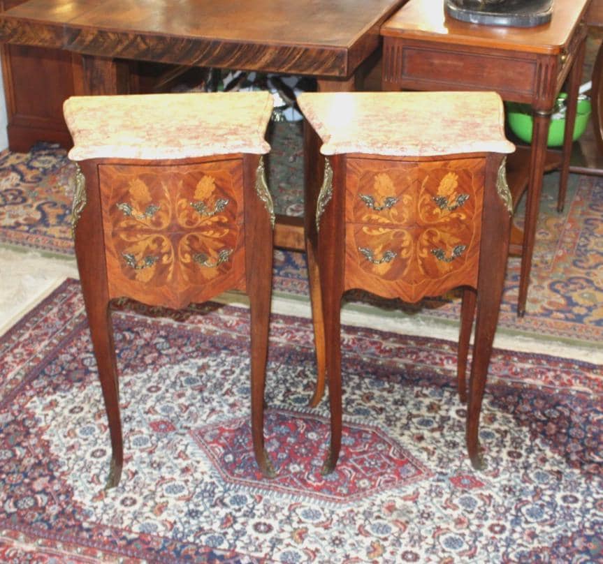 Pair French Antique Inlaid Rosewood Nightstands, Marble Top, Bronze Mounts