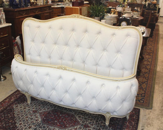 Antique French Louis XV Full Size Bed, White Tufted Upholstery