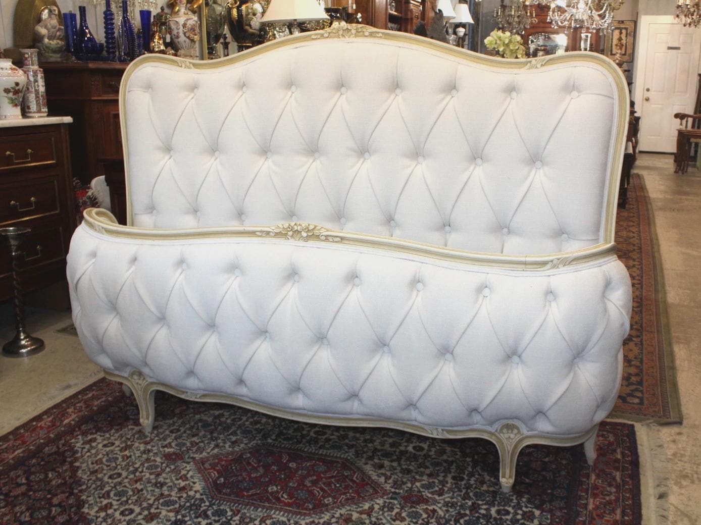 Antique French Louis XV Full Size Bed, White Tufted Upholstery