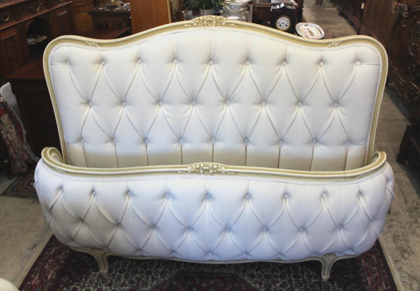 Antique French Louis XV Full Size Bed, White Tufted Upholstery