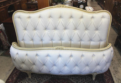 Antique French Louis XV Full Size Bed, White Tufted Upholstery