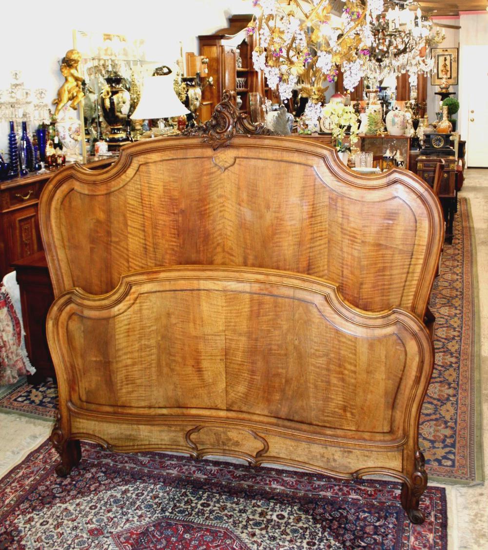 French Antique Louis XV Walnut Queen Size Bed, Carved