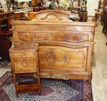 French Antique Louis XVI Walnut Full Size Bed & Nightstand | Bedroom Set