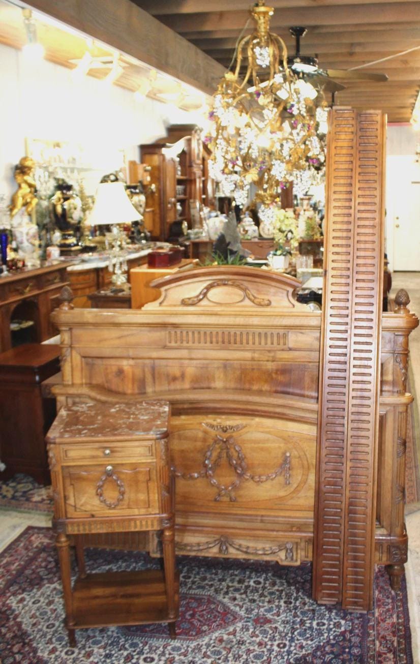 French Antique Louis XVI Walnut Full Size Bed & Nightstand | Bedroom Set
