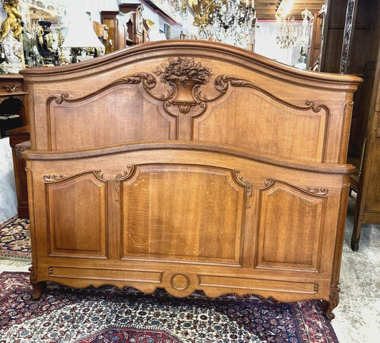 French Antique Louis XV Queen Bed, Hand Carved Oak Headboard & Footboard, Vintage French Provincial Bedroom Furniture