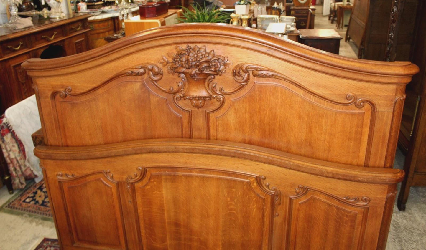 French Antique Louis XV Queen Bed, Hand Carved Oak Headboard & Footboard, Vintage French Provincial Bedroom Furniture
