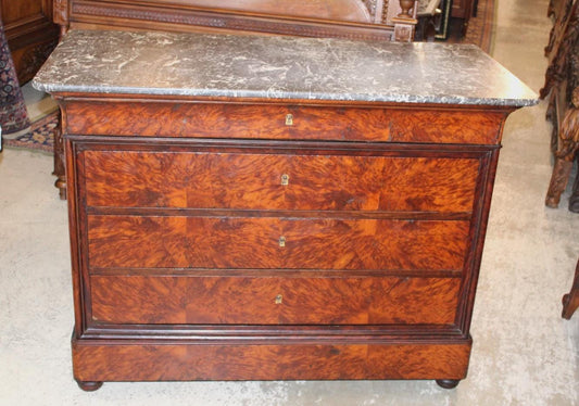 French Antique Louis Philippe Tiger Mahogany Marble Top Chest, 19th Century Sideboard