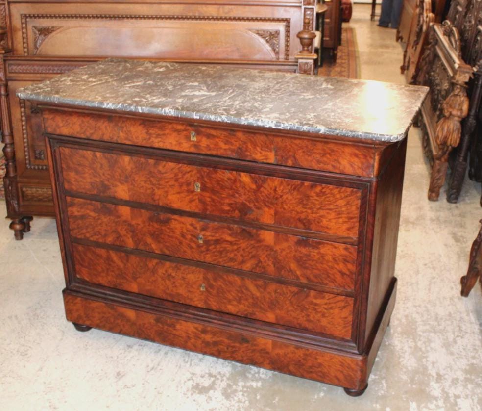 French Antique Louis Philippe Tiger Mahogany Marble Top Chest, 19th Century Sideboard