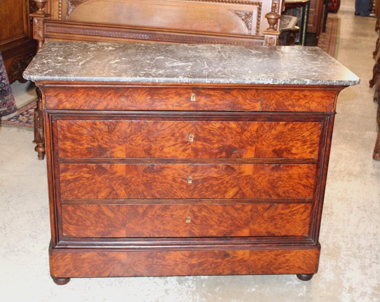 French Antique Louis Philippe Tiger Mahogany Marble Top Chest, 19th Century Sideboard