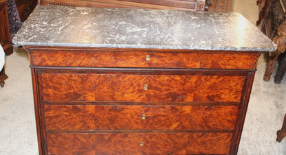 French Antique Louis Philippe Tiger Mahogany Marble Top Chest, 19th Century Sideboard