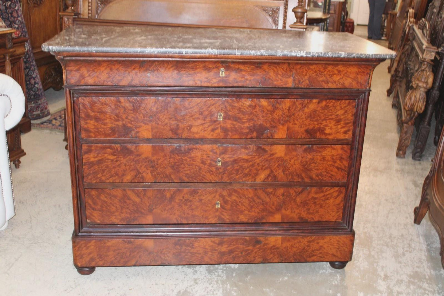 French Antique Louis Philippe Tiger Mahogany Marble Top Chest, 19th Century Sideboard