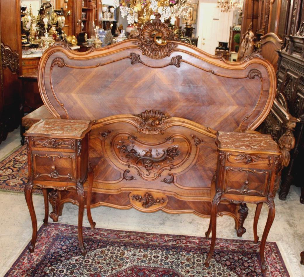French Antique Louis XVI Queen Bed & Marble Top Nightstand, Carved Walnut Bedroom Set