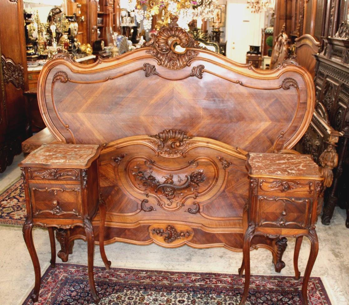 French Antique Louis XVI Queen Bed & Marble Top Nightstand, Carved Walnut Bedroom Set