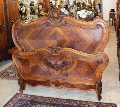 French Antique Louis XV Queen Bed, Hand Carved Walnut Bed Frame, French Provincial