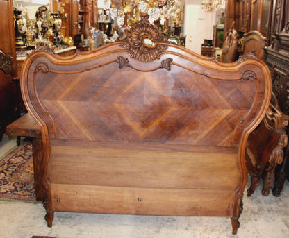 French Antique Louis XV Queen Bed, Hand Carved Walnut Bed Frame, French Provincial