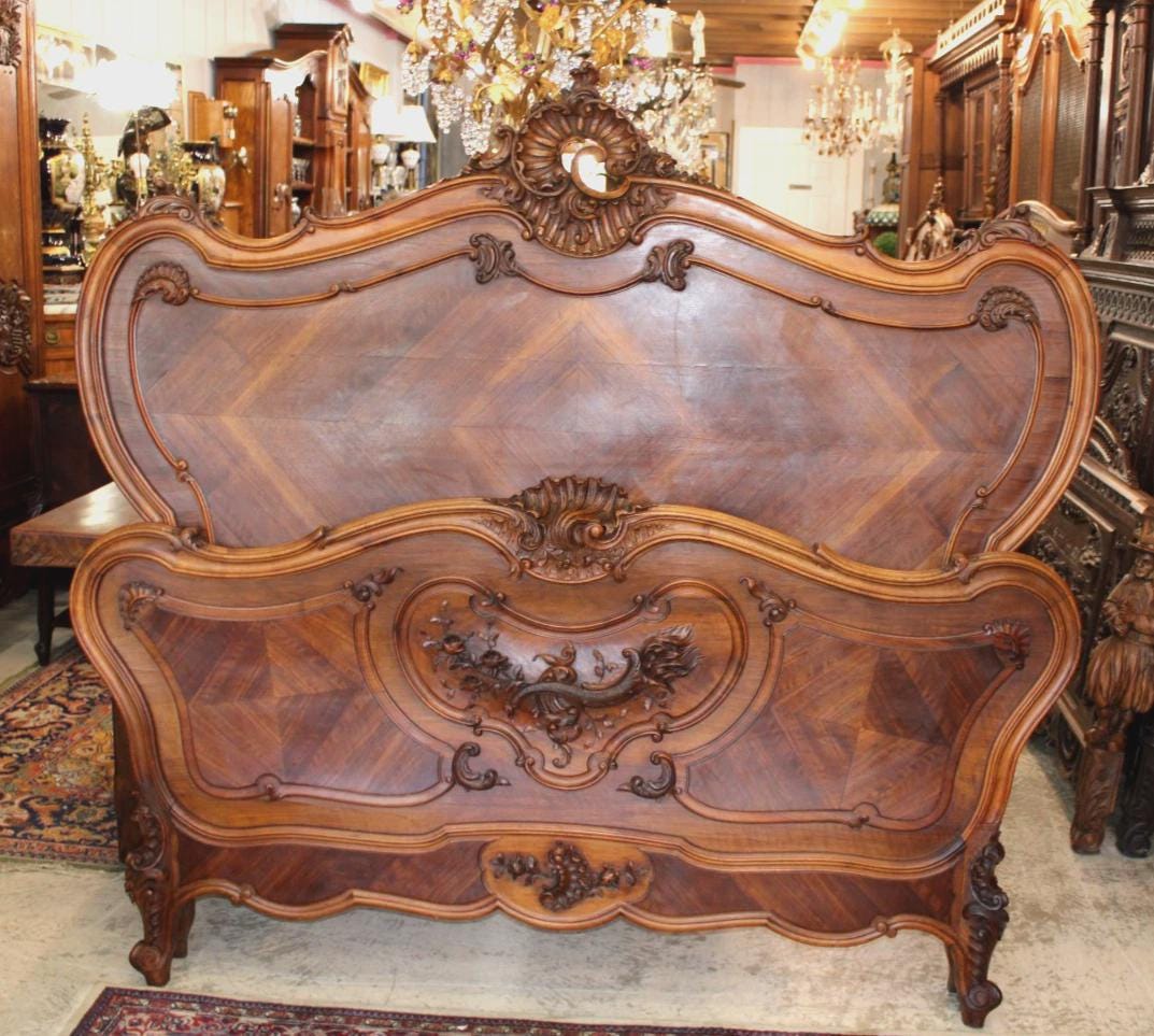 French Antique Louis XV Queen Bed, Hand Carved Walnut Bed Frame, French Provincial
