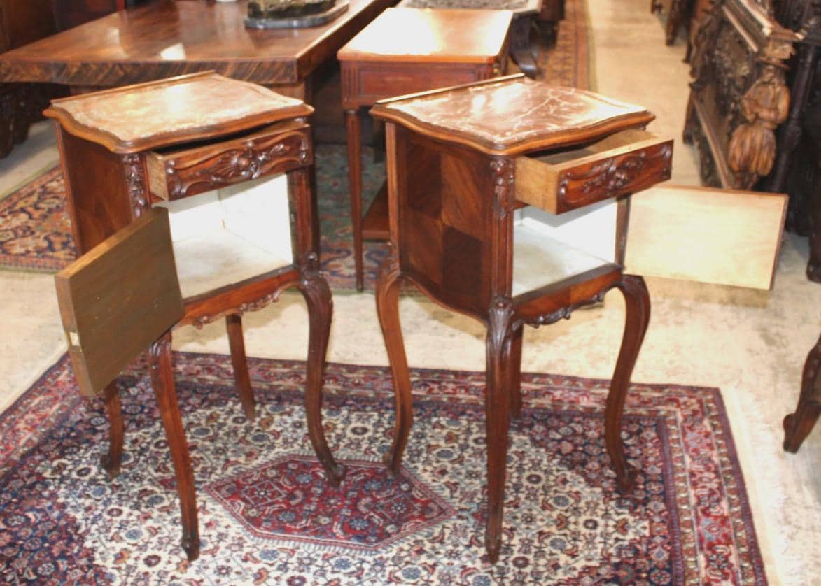 French Antique Louis XV Nightstands – Pair of Carved Walnut Bedside Tables with Marble Tops