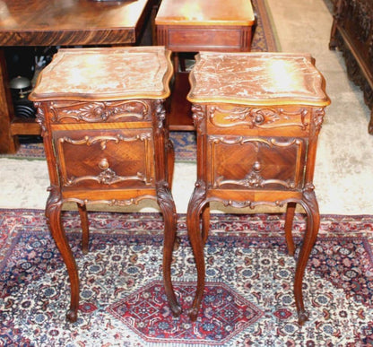 French Antique Louis XV Nightstands – Pair of Carved Walnut Bedside Tables with Marble Tops