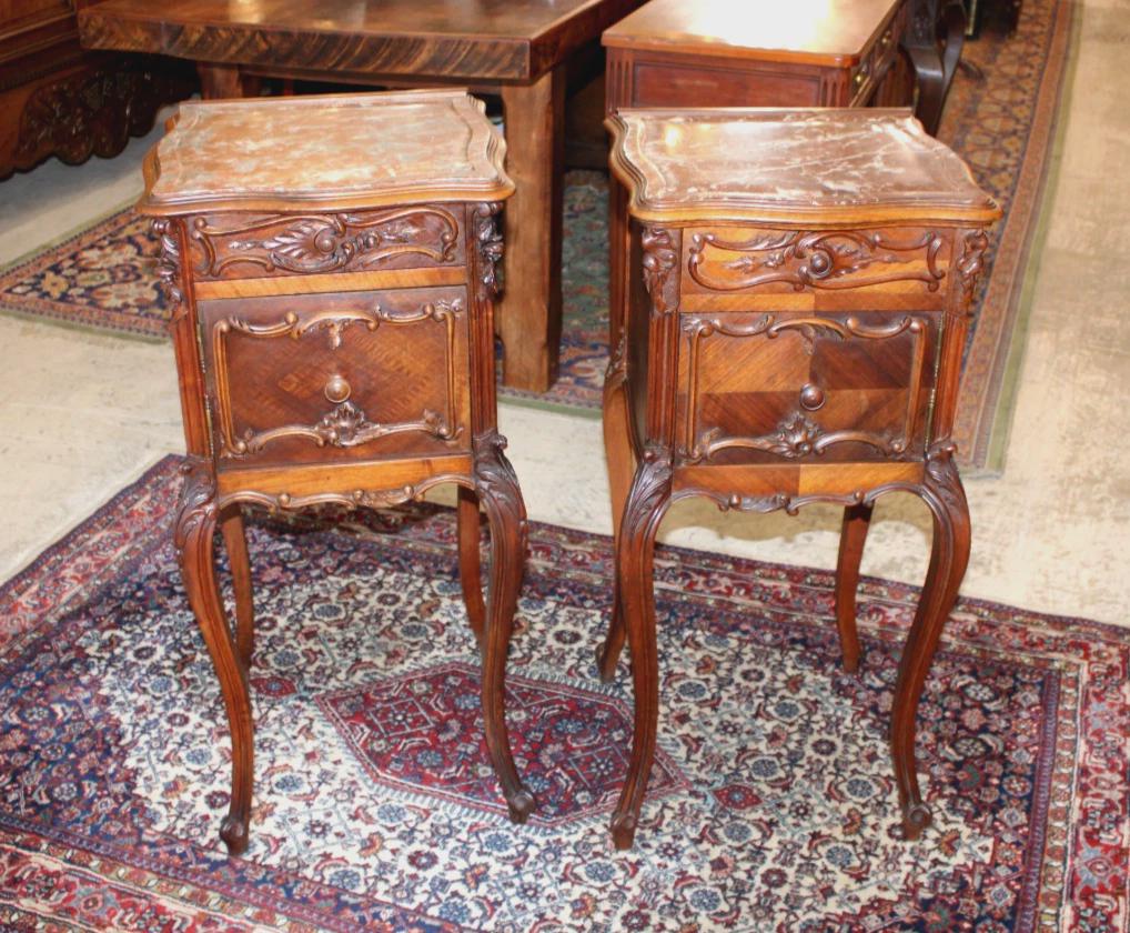 French Antique Louis XV Nightstands – Pair of Carved Walnut Bedside Tables with Marble Tops