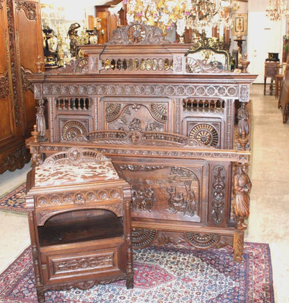 Exquisite French Antique Brittany Queen Bed with Matching Nightstand, Hand Carved Walnut Bedroom Set