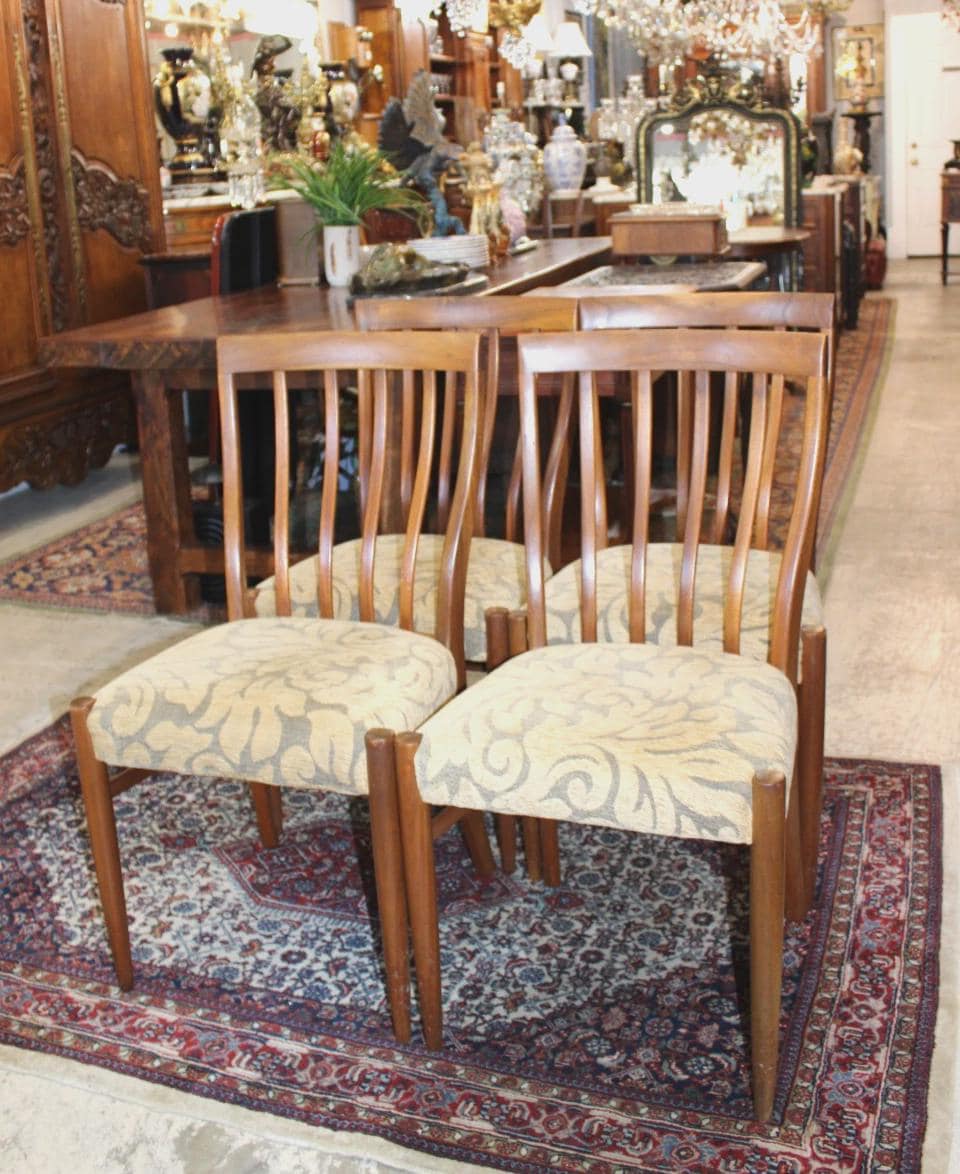 Set of 4 Mid Century Modern Teak Dining Chairs, Upholstered Seats, Vintage MCM Dining Set