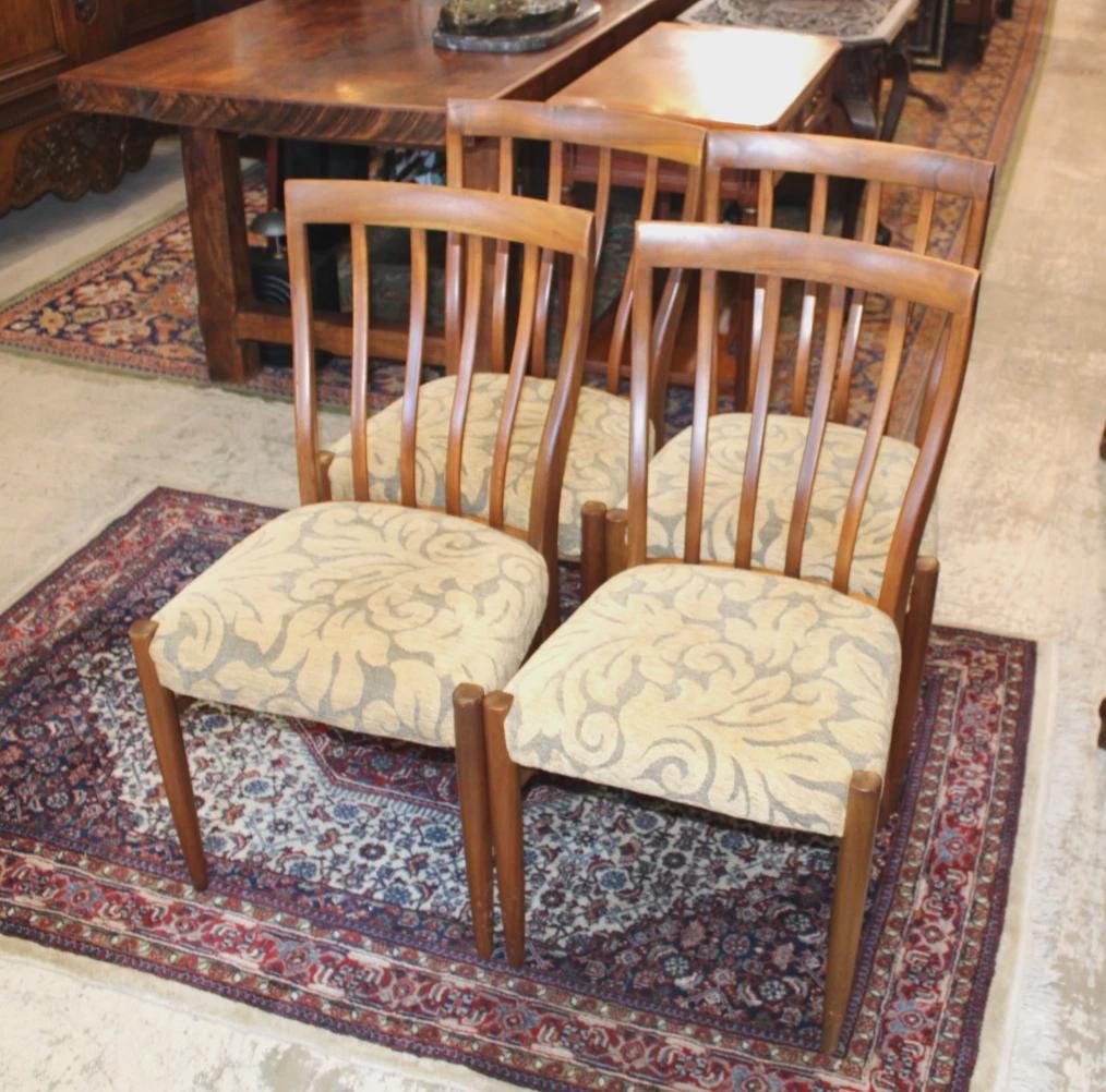 Set of 4 Mid Century Modern Teak Dining Chairs, Upholstered Seats, Vintage MCM Dining Set
