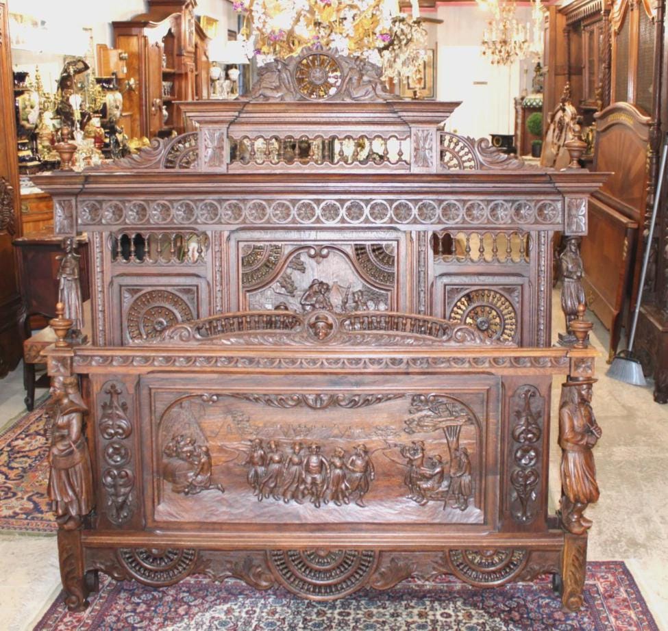 Exquisite French Antique Brittany Queen Size Bed, Hand Carved Walnut Statement Bed Frame