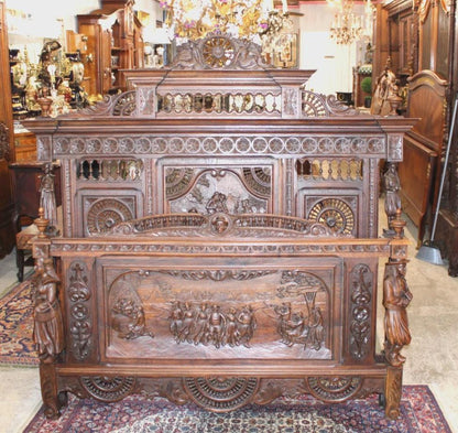 Exquisite French Antique Brittany Queen Size Bed, Hand Carved Walnut Statement Bed Frame