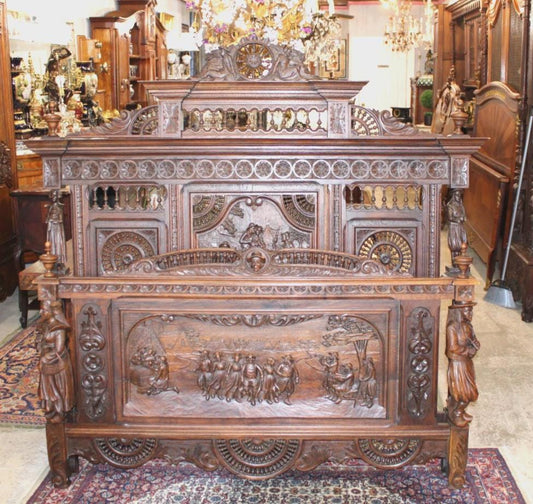 Exquisite French Antique Brittany Queen Size Bed, Hand Carved Walnut Statement Bed Frame