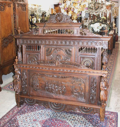 Exquisite French Antique Brittany Queen Size Bed, Hand Carved Walnut Statement Bed Frame