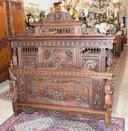 Exquisite French Antique Brittany Queen Size Bed, Hand Carved Walnut Statement Bed Frame