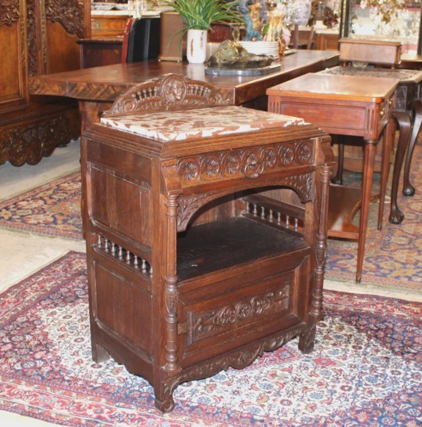 Exquisite French Antique Brittany Nightstand, Hand Carved Walnut Bedside Table with Marble Top