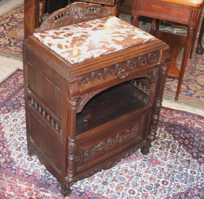 Exquisite French Antique Brittany Nightstand, Hand Carved Walnut Bedside Table with Marble Top