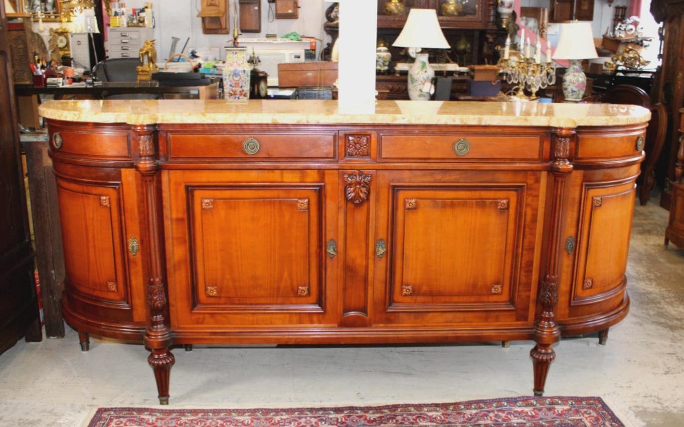 French Antique Louis XVI Mahogany Sideboard, Marble Top Buffet Cabinet, Neoclassical Server