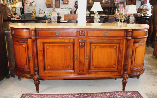 French Antique Louis XVI Mahogany Sideboard, Marble Top Buffet Cabinet, Neoclassical Server