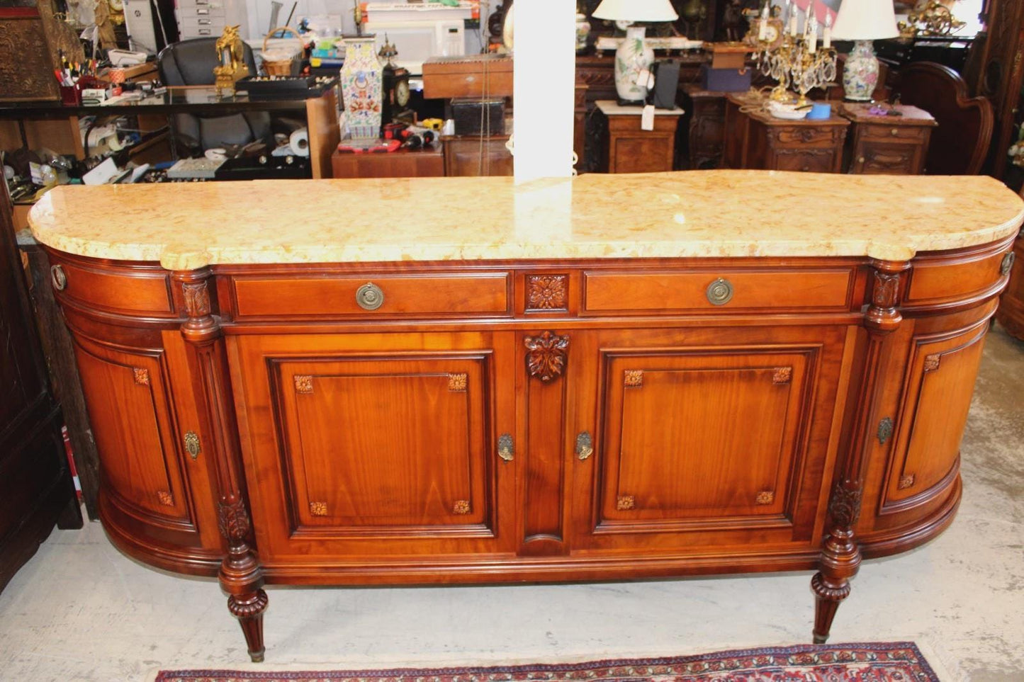 French Antique Louis XVI Mahogany Sideboard, Marble Top Buffet Cabinet, Neoclassical Server